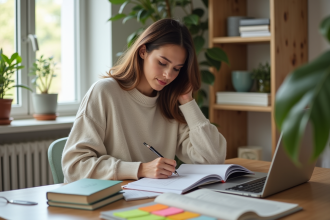 Jeune femme organisée écrivant dans un planner dans un bureau lumineux