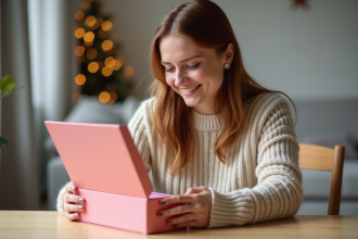 Femme souriante ouvre un calendrier de beauté luxueux