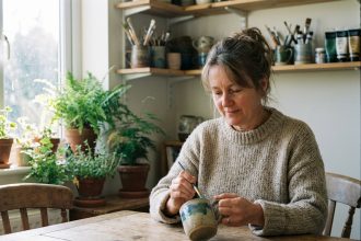 Femme peignant une tasse en céramique dans une cuisine lumineuse