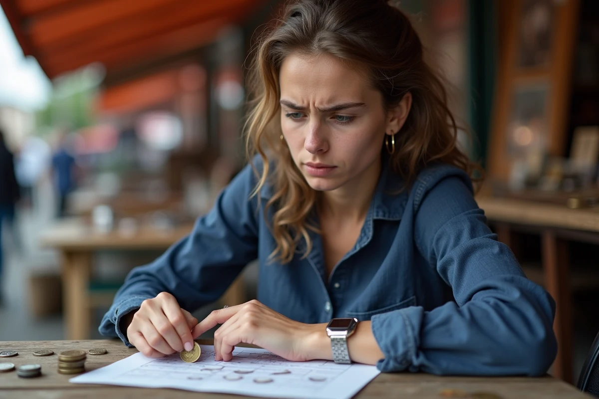 Jeune femme comparant une pièce de 2 euros rare à une grille de référence sur un marché aux puces