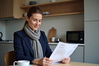 Femme examinant des documents CAF dans une cuisine moderne