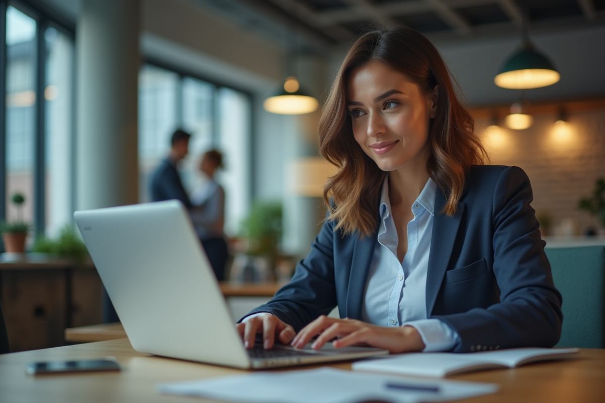 Femme confiante utilisant un ordinateur portable dans un espace ouvert