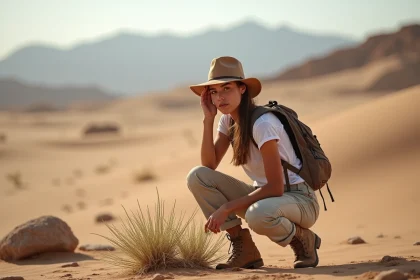 Jeune femme en randonnée dans le désert avec chapeau et vêtements légers