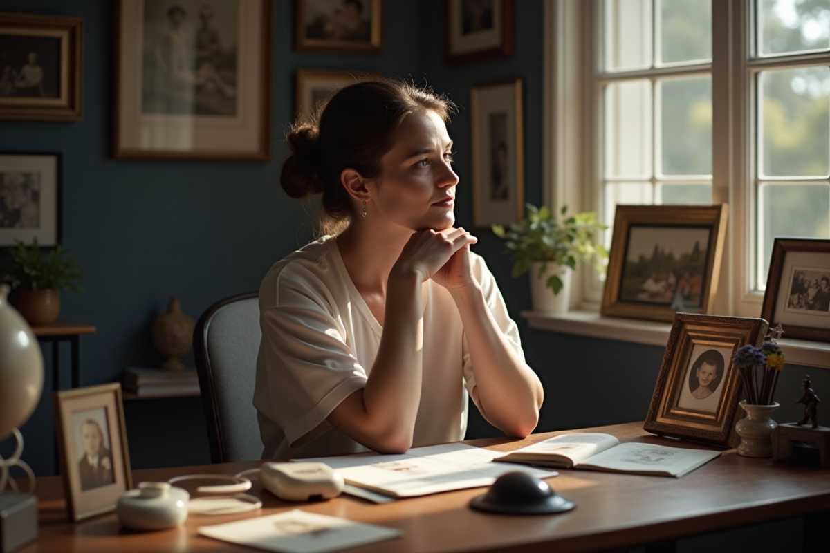 Femme réfléchie assise à son bureau entourée de souvenirs