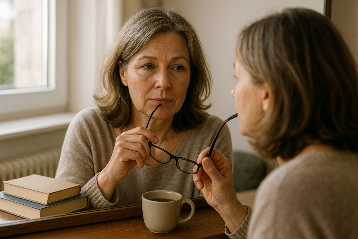 Femme réfléchissant à ses lunettes dans un miroir lumineux