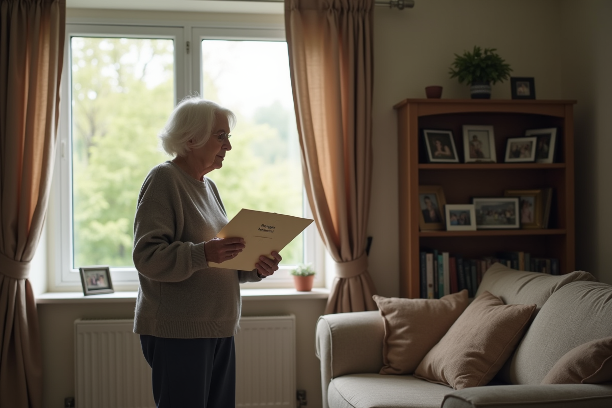 Femme âgée regardant une déclaration de prêt immobilier à la fenêtre