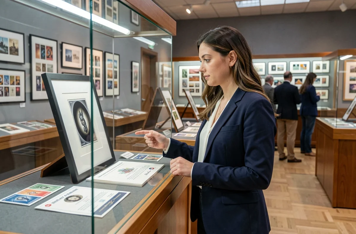 Jeune femme admirant un timbre rare avec erreur d'impression dans une salle des ventes philatéliques