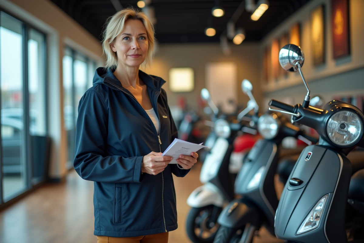 Femme dans un showroom avec un scooter et brochure