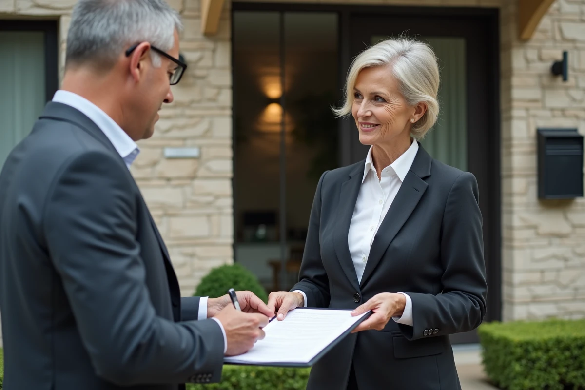 Femme signant des documents devant une maison moderne