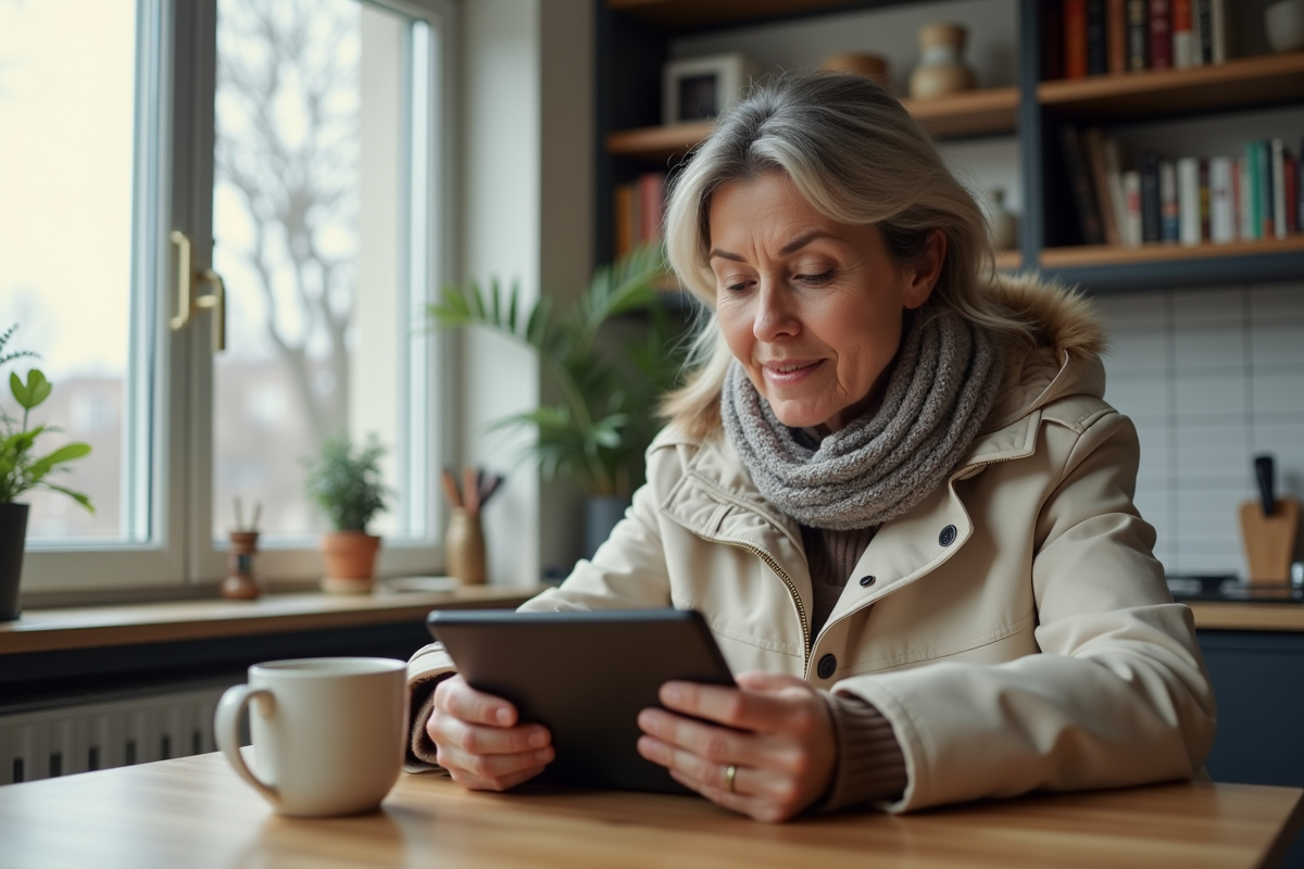 Femme regarde une annonce Dax sur sa tablette à la maison