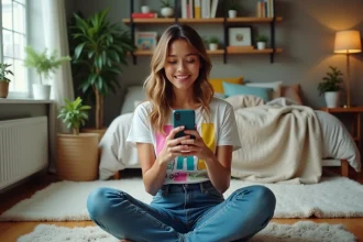 Jeune femme confiante en train de filmer un TikTok dans sa chambre