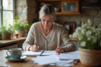 Femme d'âge moyen triant des papiers dans une cuisine chaleureuse