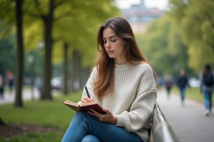 Jeune femme assise dans un parc urbain contemplant son carnet
