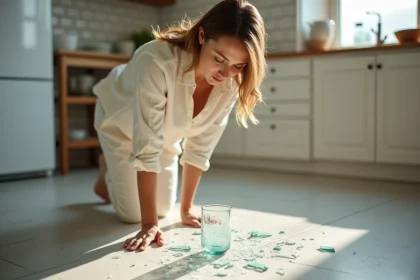 Femme contemplant un verre brisé sur le sol de sa cuisine, symbole de tournant positif selon la superstition
