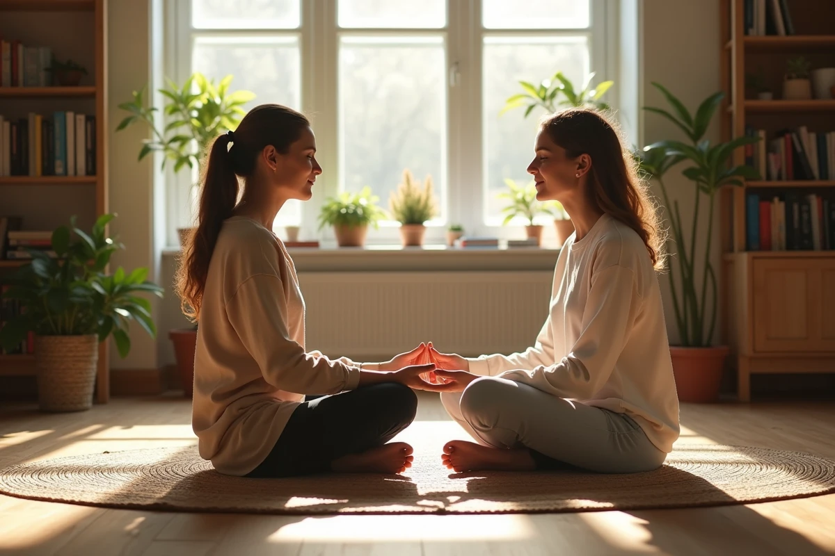 Deux femmes assises dans un salon chaleureux