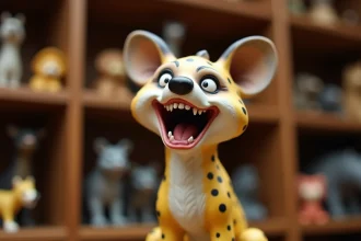 Figurine céramique d'un personnage hyène rieur style Roi Lion, posée sur une étagère de collection en bois