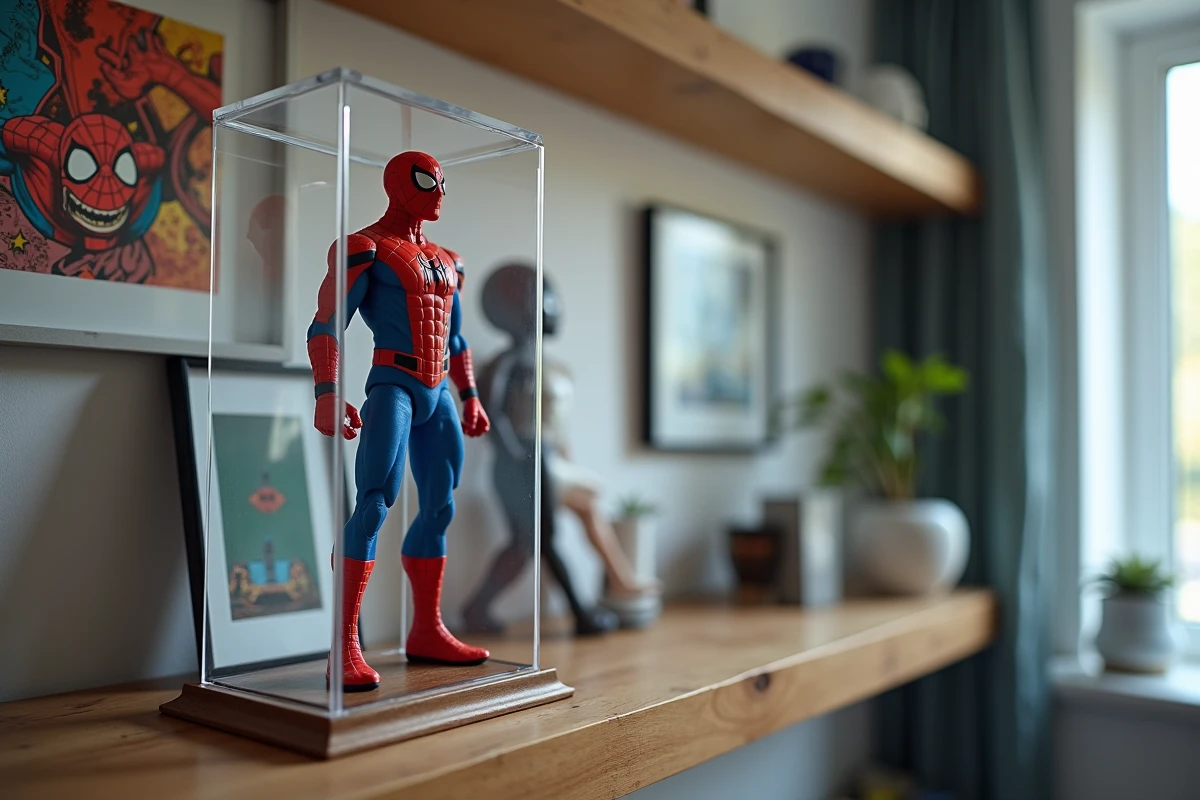 Figurine Spider-Man exposée dans un coffret acrylique anti-UV monté au mur pour protéger les couleurs et conserver l'état d'origine de la collection