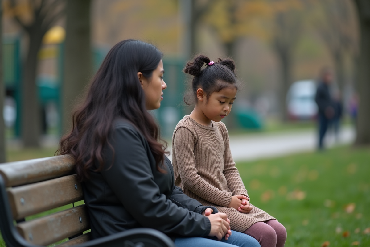 Fille de 9 ans assise sur un banc de parc avec un adulte