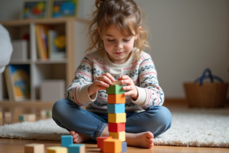 Fille de six ans construisant une tour en bois