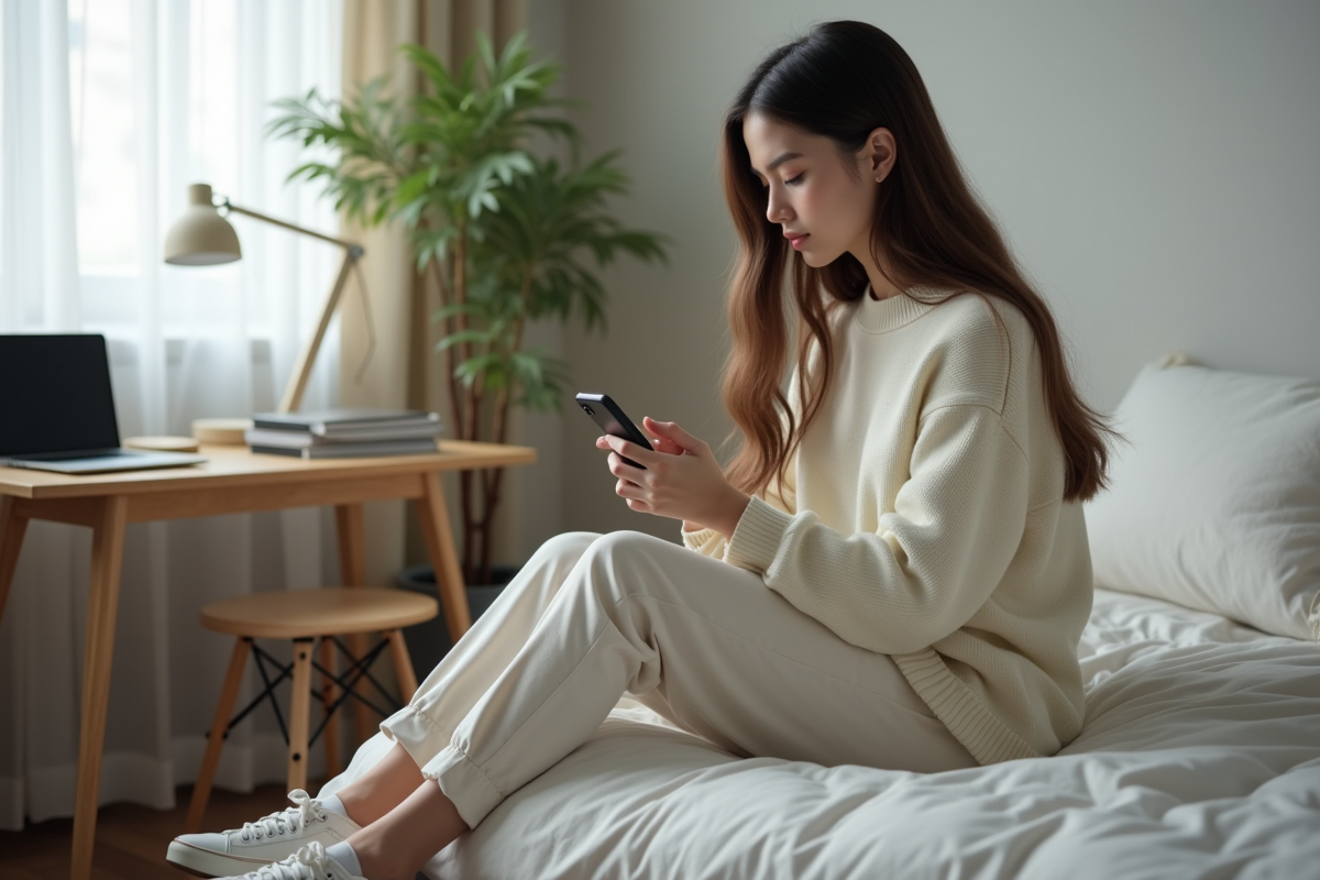 Jeune fille seule sur son lit en train de regarder son smartphone