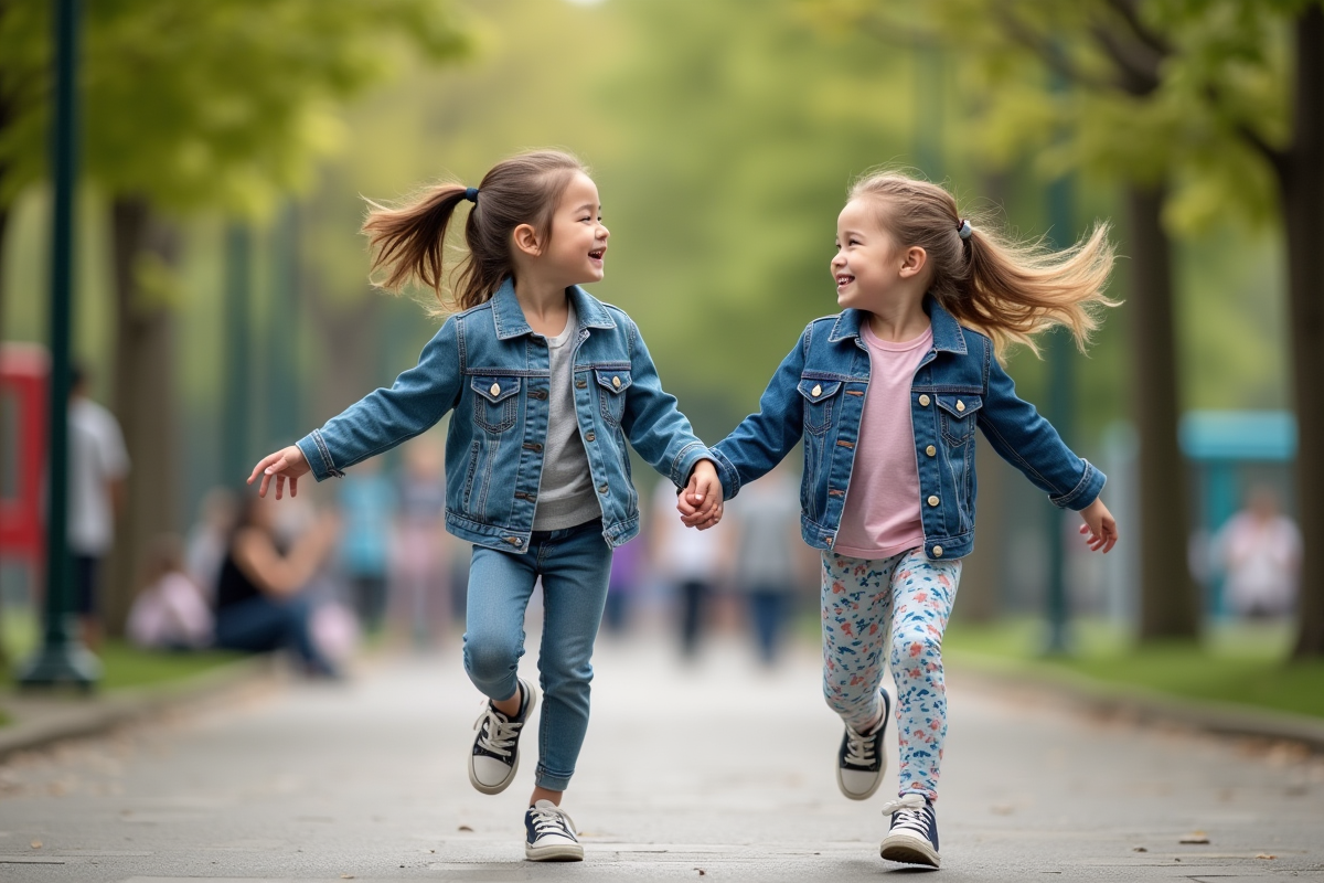 Deux filles riant en courant dans un parc de jeux
