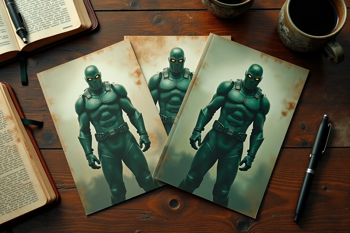 Flat-lay de comics Marvel consacrés à Victor von Doom posés sur une table en bois avec accessoires de lecture