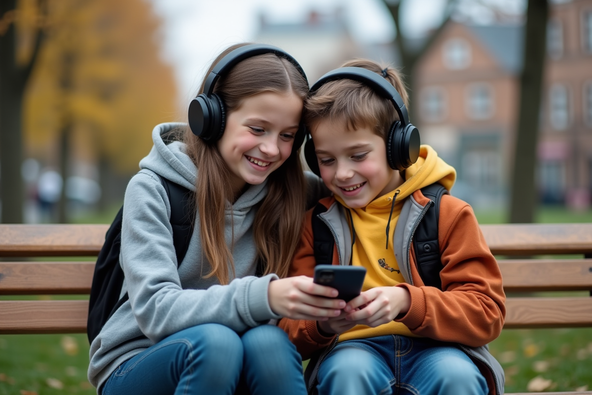 Deux frères et sœurs partageant des écouteurs dans un parc