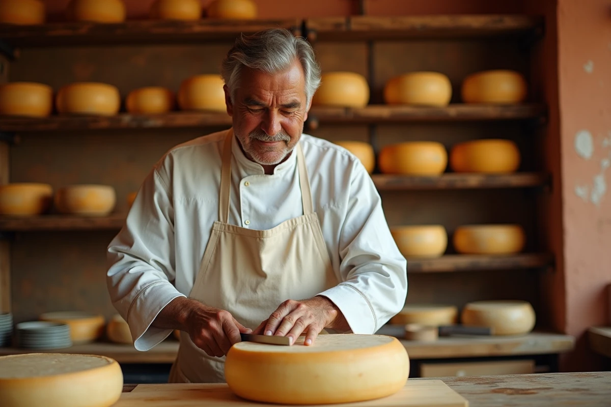 Fromager espagnol tranchant une roue de fromage manchego dans une fromagerie artisanale traditionnelle