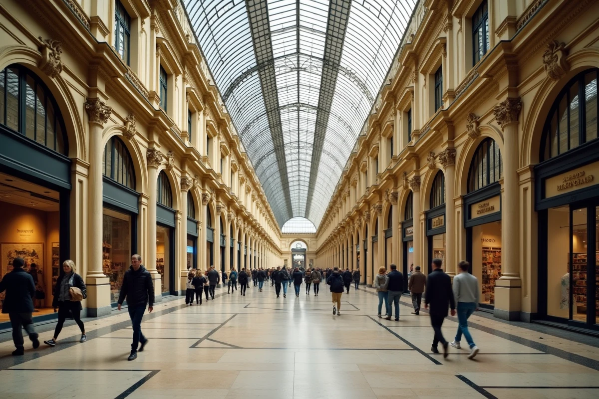 L'intérieur des Galeries Royales Saint-Hubert à Bruxelles avec sa voûte en verre et ses promeneurs élégants