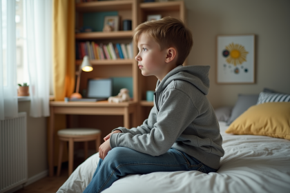 Garçon de 10 ans assis sur son lit dans une chambre ordinaire