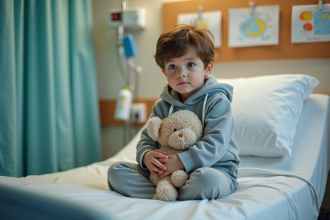 Garçon de 7 ans dans un hôpital tenant une peluche