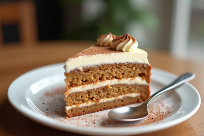 Gâteau au café élégant sur une assiette blanche avec glaçage