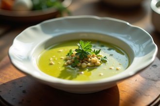 Soupe de courgette gazpacho dans un bol blanc élégant