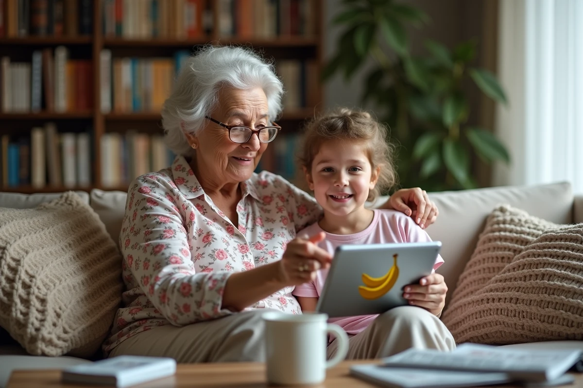 Une grand-mère et son petit-enfant regardent l'œuvre banane sur une tablette à la maison