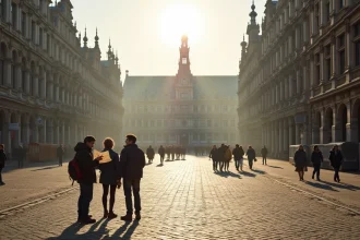 Touristes consultant une carte sur la Grand-Place de Bruxelles entourée de façades baroques dorées