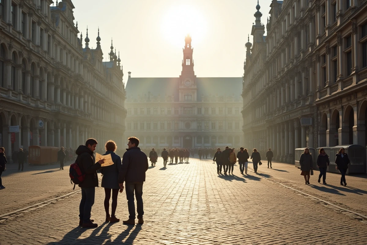 Touristes consultant une carte sur la Grand-Place de Bruxelles entourée de façades baroques dorées