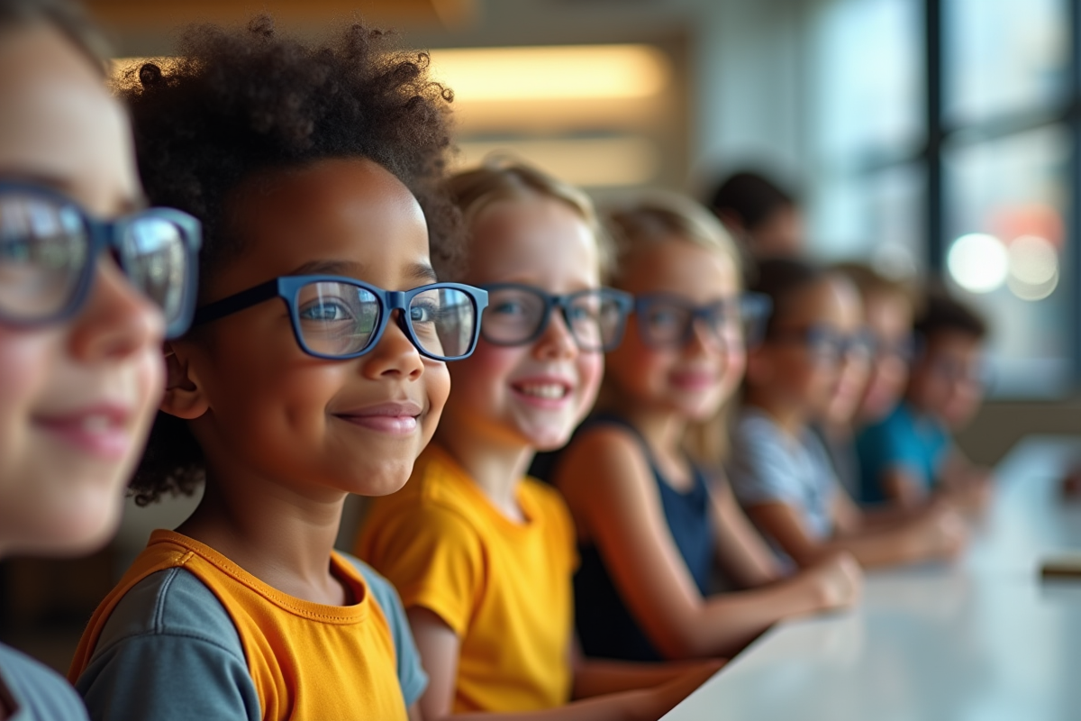 Groupe d'enfants et adultes portant des lunettes tendance dans un magasin lumineux