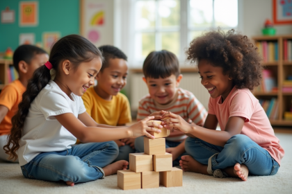 Enfants de 5 à 7 ans construisant une tour en bois