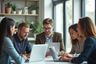 Groupe d'enseignants collaborant dans un bureau moderne
