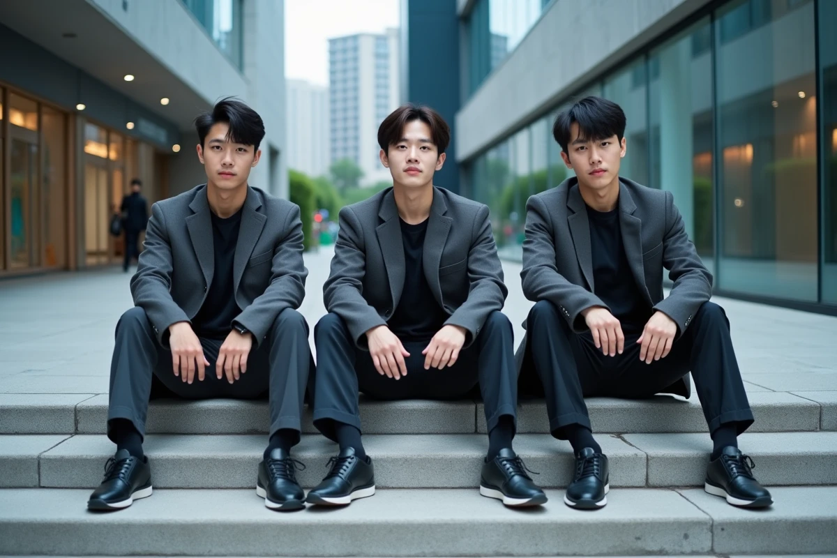 Le groupe kpop 3piece réuni en extérieur sur des marches urbaines à Séoul, tenues coordonnées monochrome, ambiance street candide