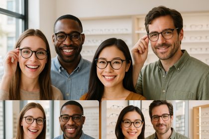 Groupe diversifié portant des lunettes dans une boutique lumineuse