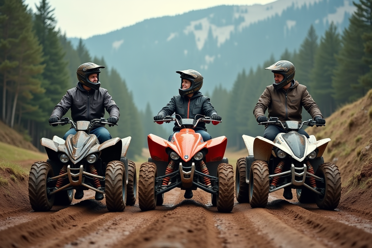 Groupe de motards avec quads en pleine nature montagneuse