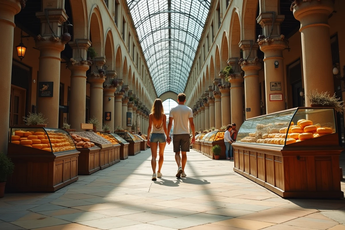 Couple visitant les halles couvertes d'Aix-en-Provence avec architecture en fer forgé et verrière historique