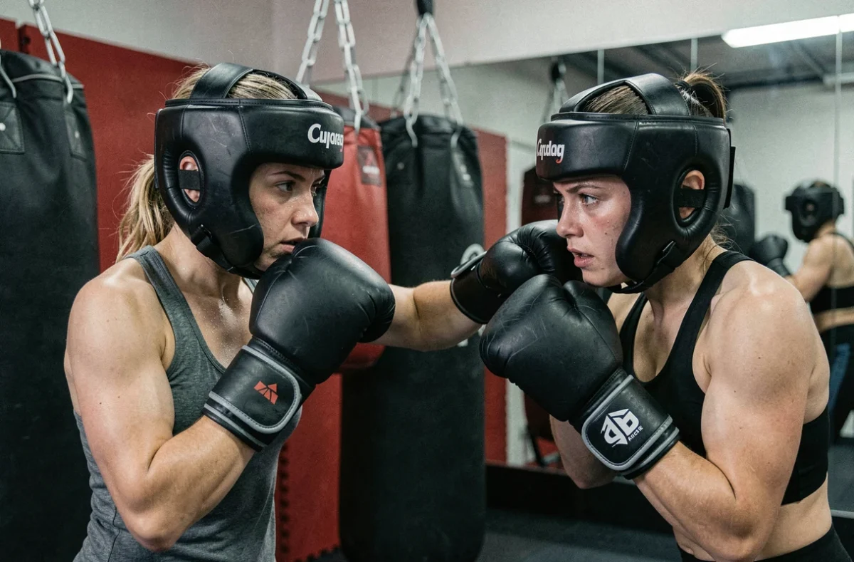Deux combattantes en session de sparring dans une salle de combat moderne, représentant les techniques défensives et offensives analysées dans les combats d'Hallibel