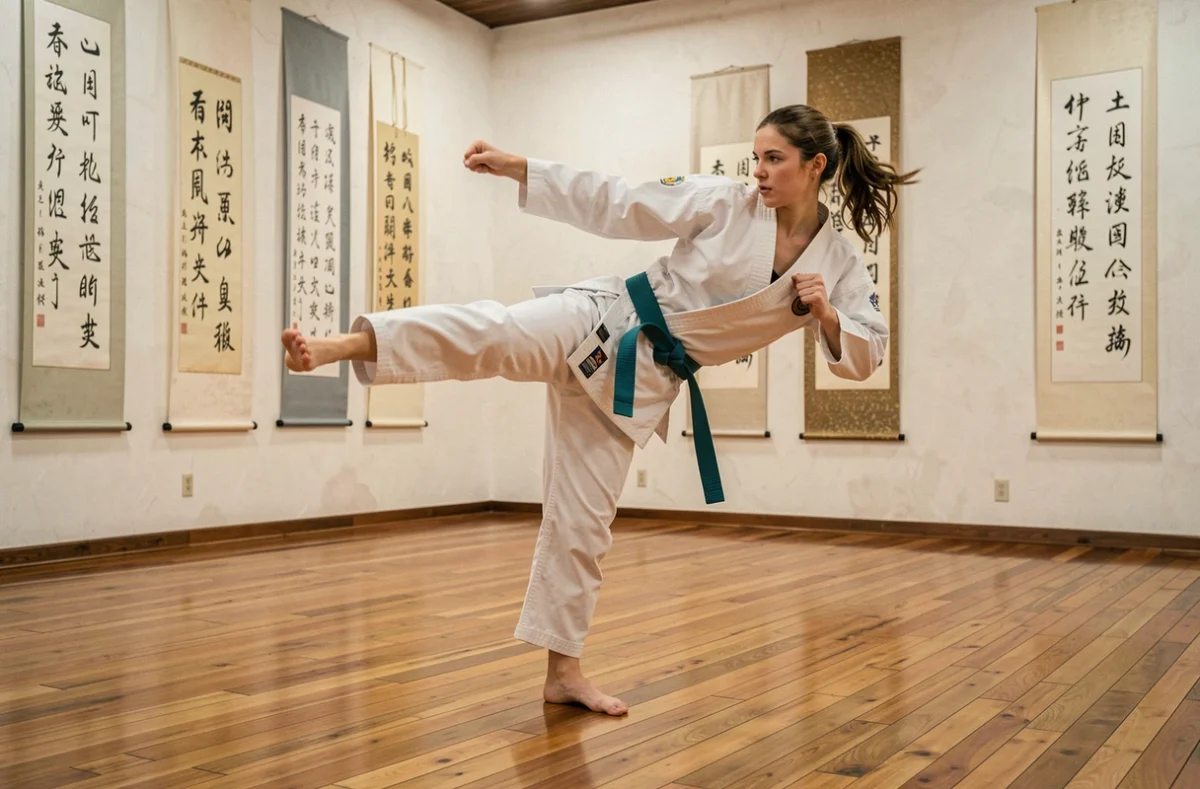 Pratiquante d'arts martiaux en gi blanc exécutant un coup de pied dans un dojo traditionnel, illustrant les stratégies de combat d'Hallibel