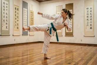 Pratiquante d'arts martiaux en gi blanc exécutant un coup de pied dans un dojo traditionnel, illustrant les stratégies de combat d'Hallibel