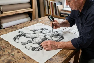 Gros plan sur le drapeau breton Gwenn-ha-Du posé sur une table en bois, avec les hermines du motif héraldique examinées à la loupe par un artisan