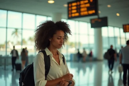 Femme vérifiant l'heure à l'aéroport de La Réunion avec des palmiers visibles par les fenêtres