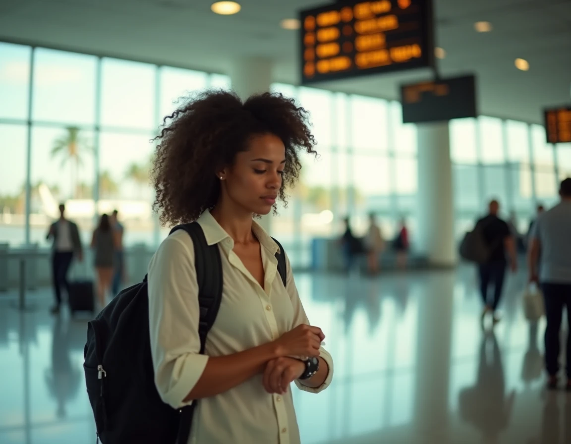Femme vérifiant l'heure à l'aéroport de La Réunion avec des palmiers visibles par les fenêtres