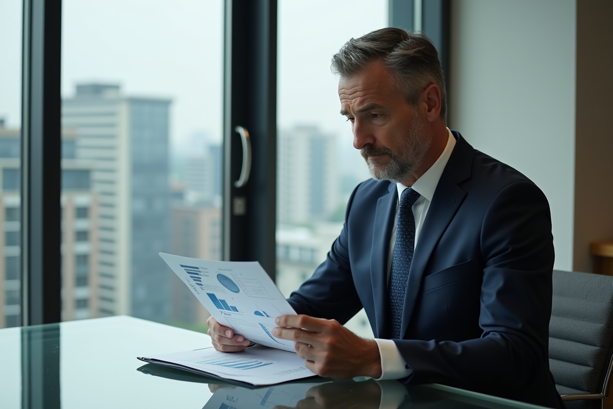 Homme d'affaires en costume étudiant des documents immobiliers